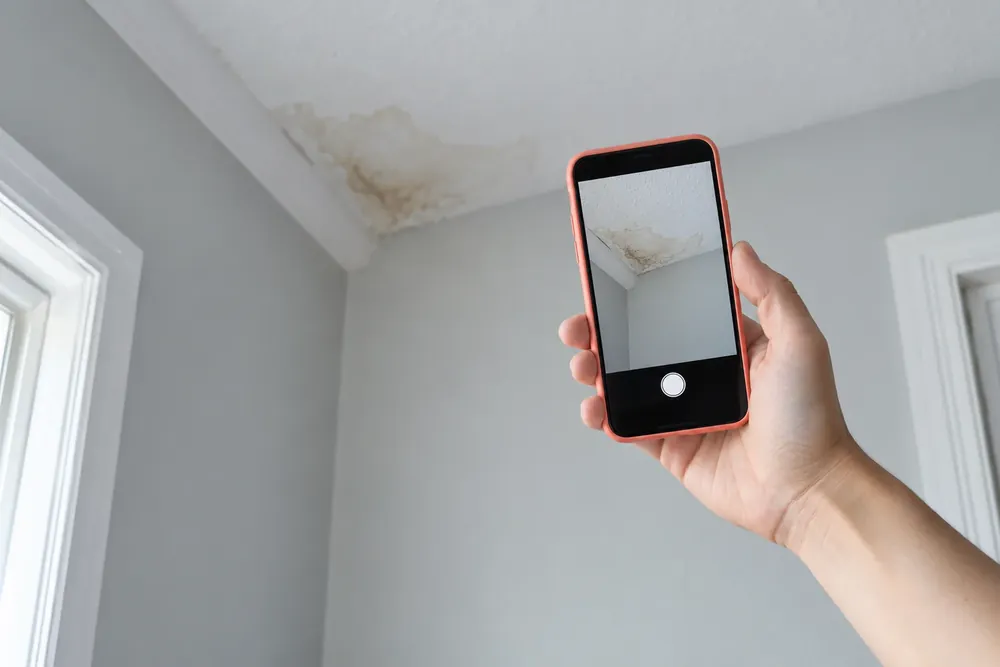Hand holding a phone to photograph a water-stained ceiling corner