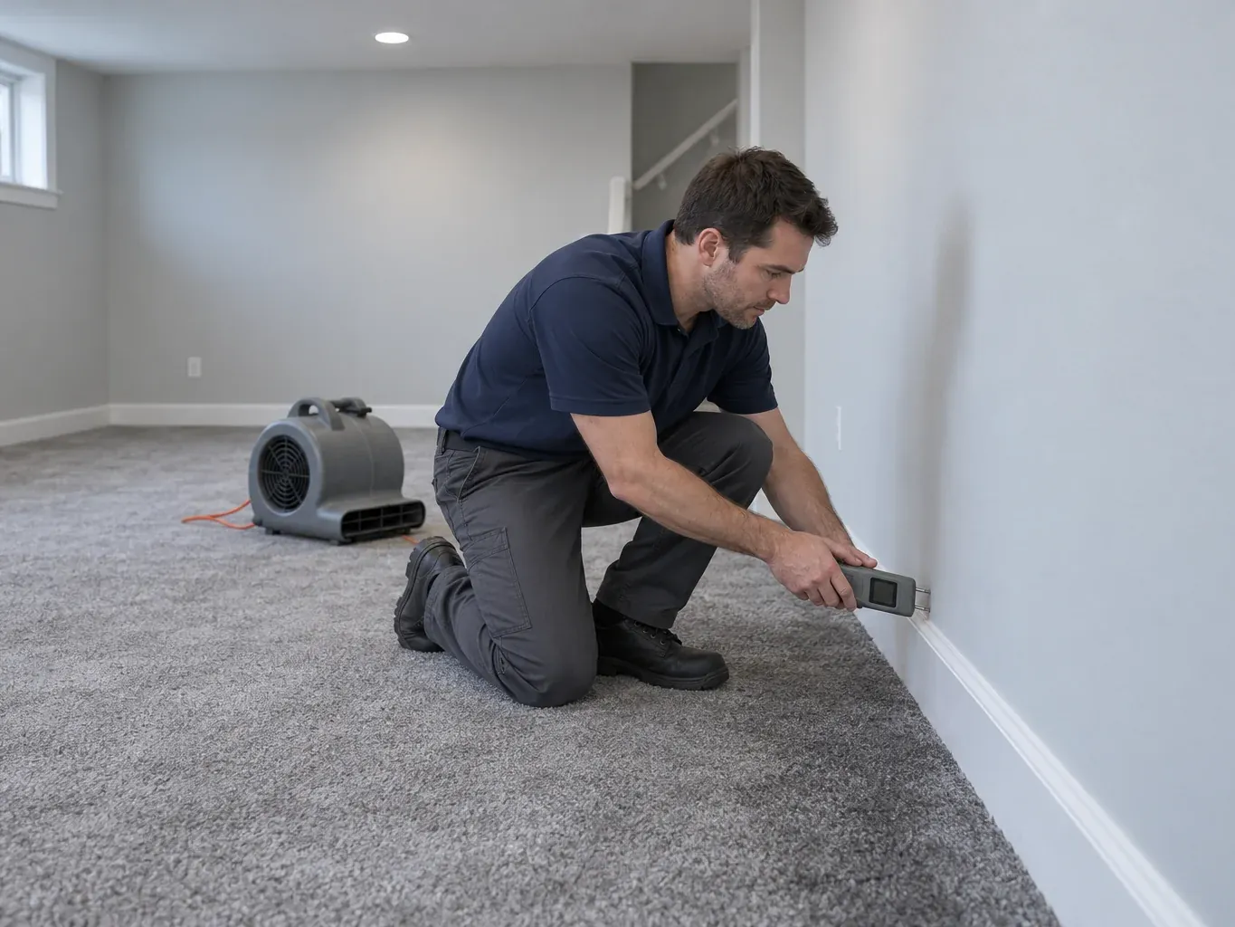 Technician kneeling on grey carpet to take a moisture reading at the baseboard beside an air mover
