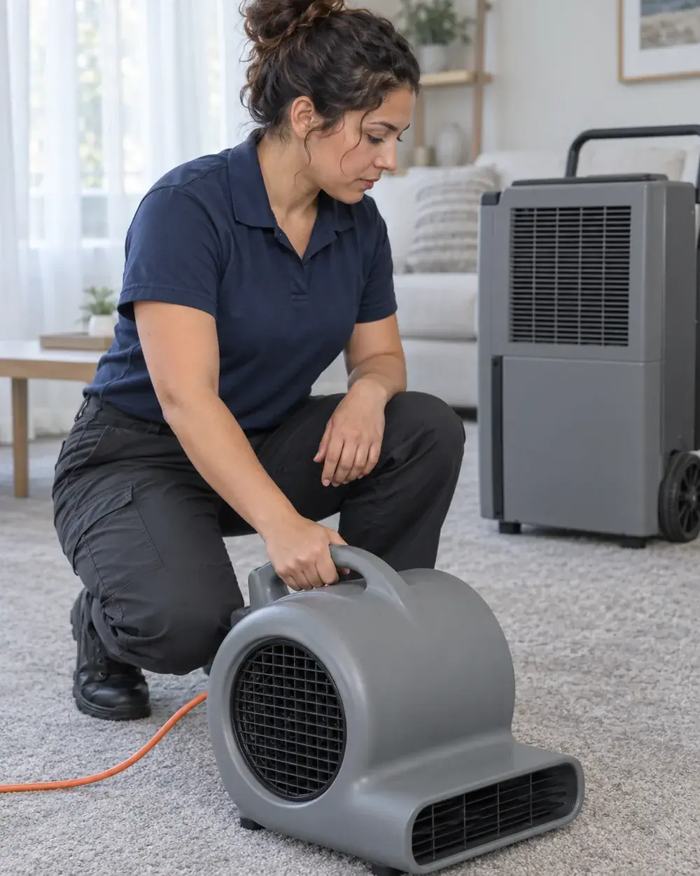 Technician crouching to position a low air mover on carpet beside a running dehumidifier in a living room