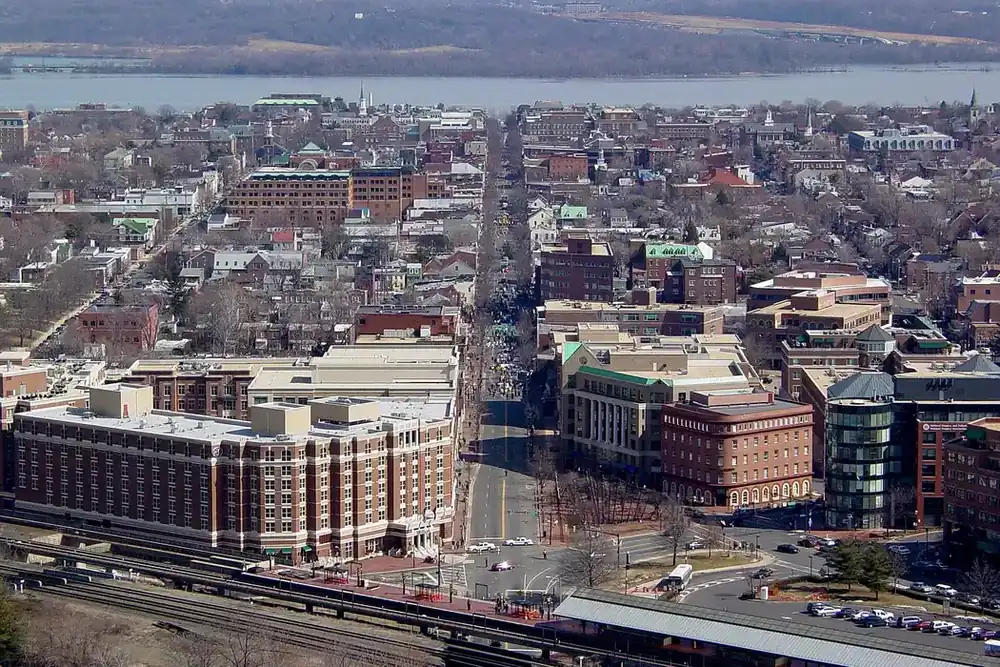 Aerial view of Old Town Alexandria streets and the Potomac River in Virginia