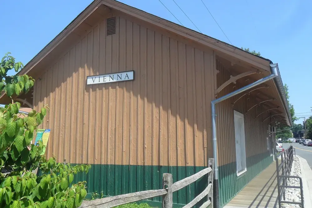 Former Washington and Old Dominion railroad depot with a Vienna sign in Vienna, Virginia